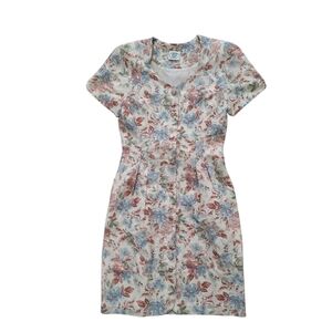 Laura Ashley Vintage Peach/ Blue Floral Button Front Knee Length Dress, Sz 8